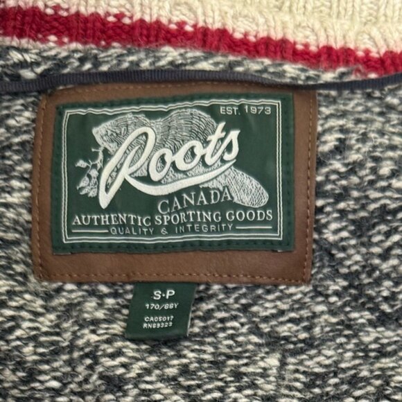 Roots Canada Cotton Cabin V Neck Knit Sweater Cozy Chucky Neutral Gray Red Tan S - Picture 8 of 15